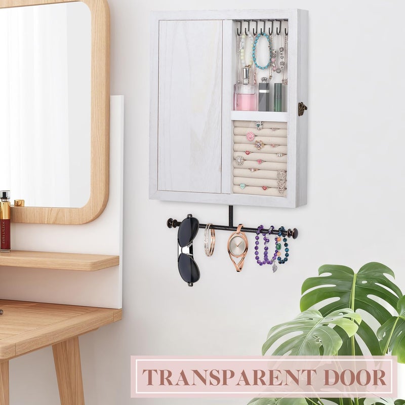 Keebofly Wall Mounted Jewelry Organizer With Rustic Wood Large Space Jewelry Cabinet, Holder, Storage Box for Necklaces, Earrings, Bracelets, Ring Holder, and Accessories White - Image 2